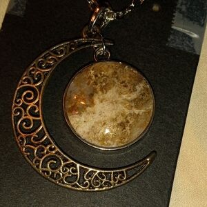 Hand Made Nebraska River Rock Elegant Gold Crescent Moon Pendant Necklace